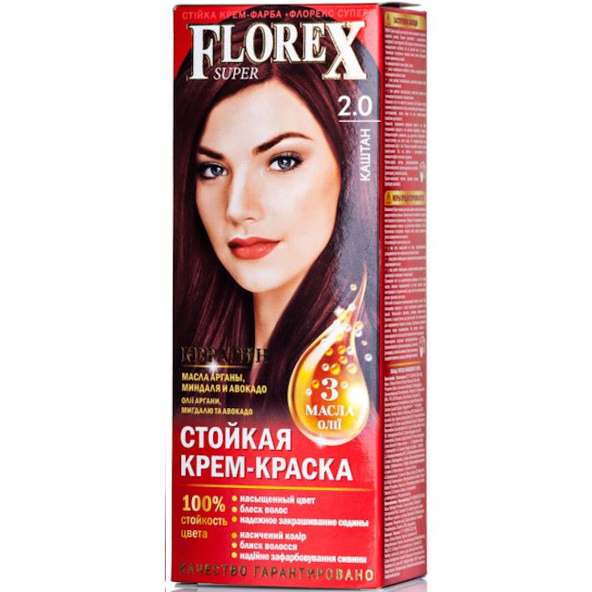 2.0 каштан Стойкая крем-краска для волос Florex Super Кератин